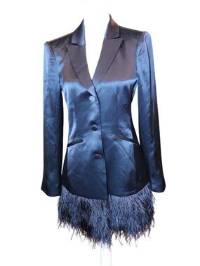 Cinq A Sept  Joel Blazer Dress Navy Long Sleeve Feather Trim, Size 4 NWT